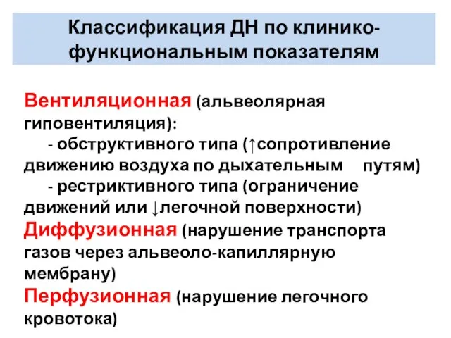 Классификация ДН по клинико-функциональным показателям Вентиляционная (альвеолярная гиповентиляция): - обструктивного типа