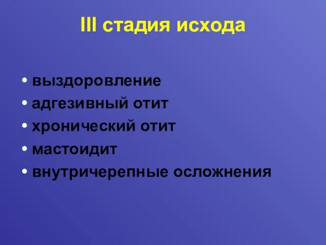 III стадия исхода выздоровление адгезивный отит хронический отит мастоидит внутричерепные осложнения