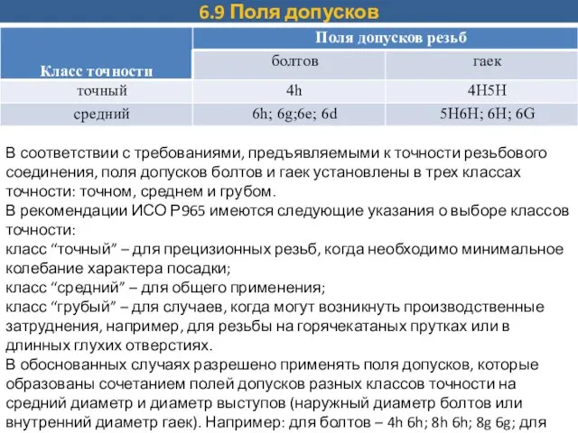 6.9 Поля допусков В соответствии с требованиями, предъявляемыми к точности резьбового