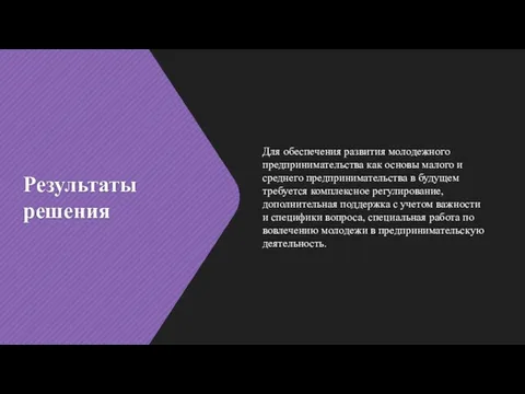 Результаты решения Для обеспечения развития молодежного предпринимательства как основы малого и