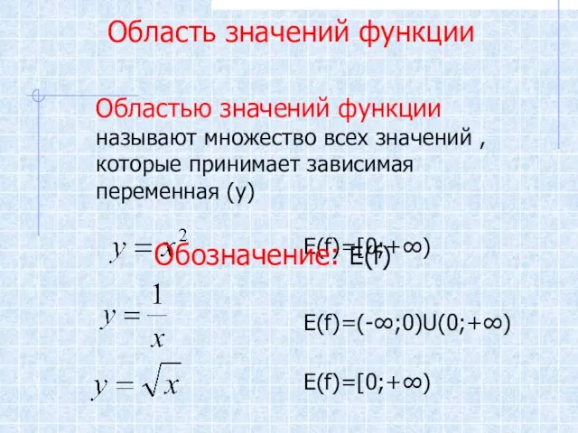 Область значений функции Областью значений функции называют множество всех значений ,