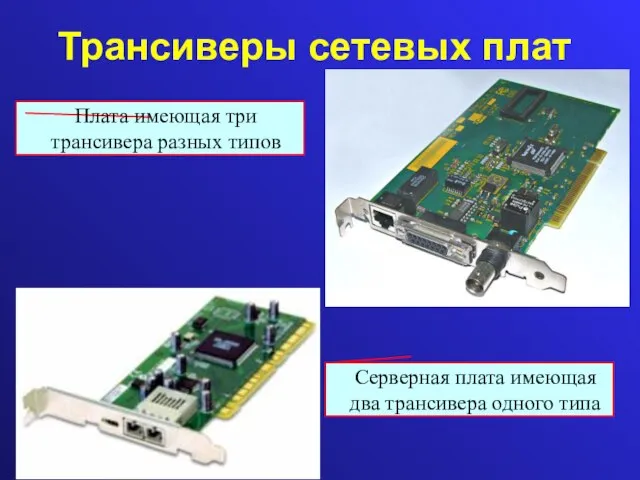 Трансиверы сетевых плат Серверная плата имеющая два трансивера одного типа Плата имеющая три трансивера разных типов