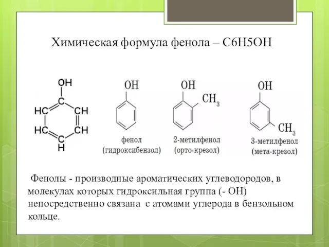 Химическая формула фенола – С6H5ОН Фенолы - производные ароматических углеводородов, в