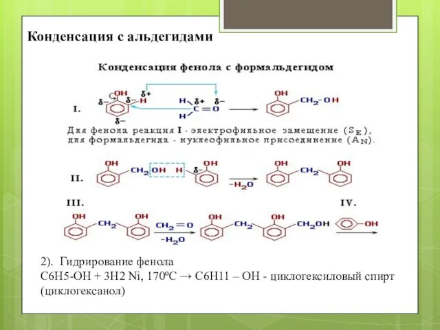 Конденсация с альдегидами 2). Гидрирование фенола C6H5-OH + 3H2 Ni, 170ºC