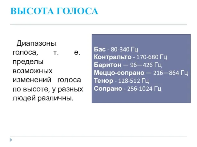 ВЫСОТА ГОЛОСА Диапазоны голоса, т. е. пределы возможных изменений голоса по