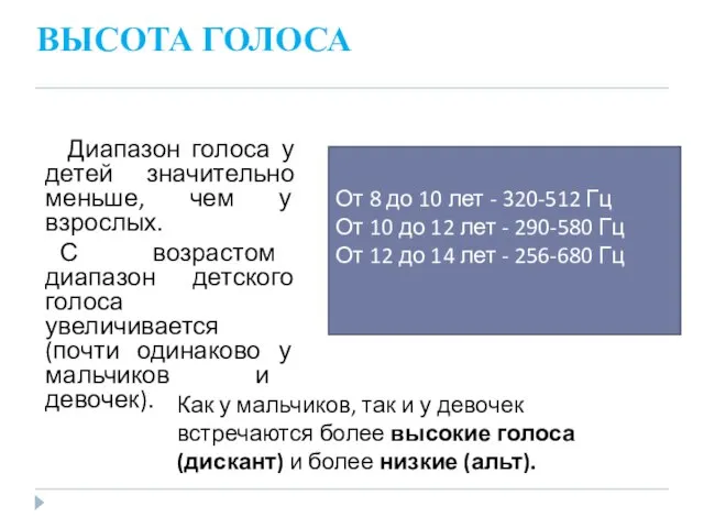 ВЫСОТА ГОЛОСА Диапазон голоса у детей значительно меньше, чем у взрослых.