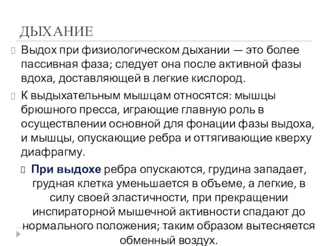 ДЫХАНИЕ Выдох при физиологическом дыхании — это более пассивная фаза; следует