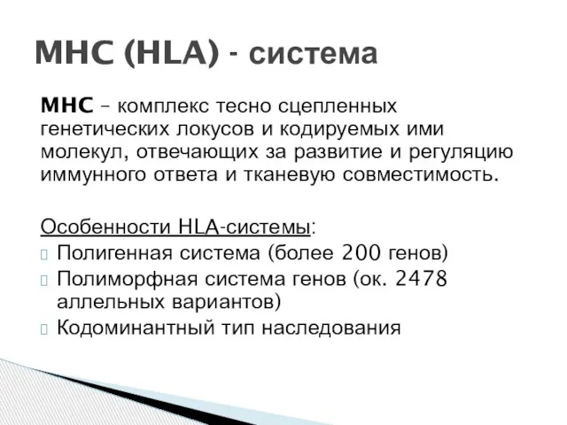 MHC – комплекс тесно сцепленных генетических локусов и кодируемых ими молекул,