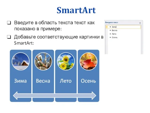 SmartArt Введите в область текста текст как показано в примере: Добавьте соответствующие картинки в SmartArt: