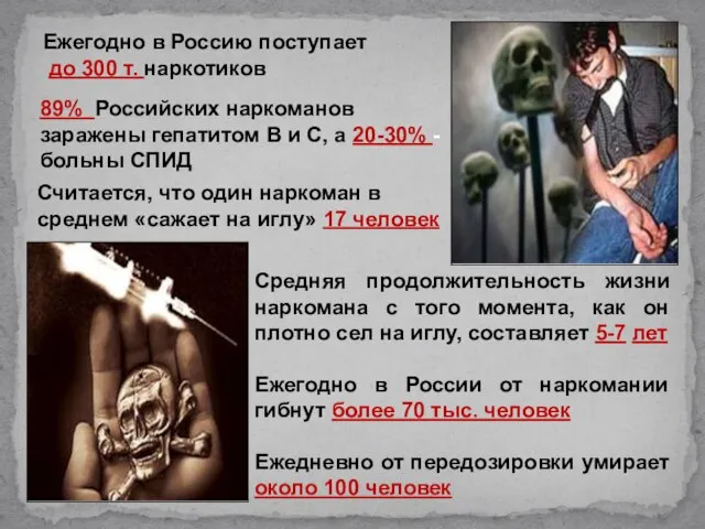 Ежегодно в Россию поступает до 300 т. наркотиков 89% Российских наркоманов