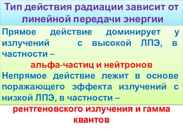 Тип действия радиации зависит от линейной передачи энергии Прямое действие доминирует