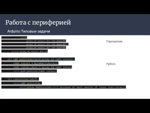 Работа с периферией Arduino Типовые задачи Парктроник Python else: array_of_colors_for_led.append(0) array_of_colors_for_led.append(127)