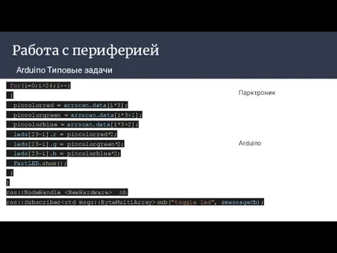 Работа с периферией Arduino Типовые задачи Парктроник Arduino for(i=0;i { pincolorred