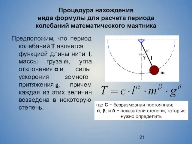 Процедура нахождения вида формулы для расчета периода колебаний математического маятника Предположим,