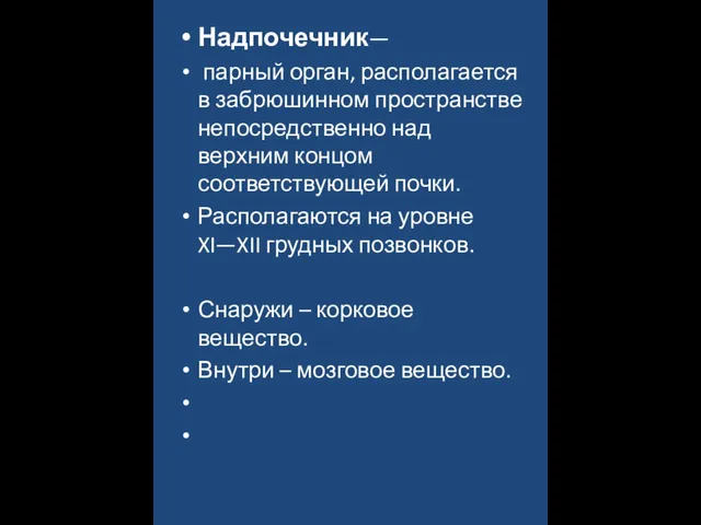 Надпочечник— парный орган, располагается в забрюшинном пространстве непосредственно над верхним концом