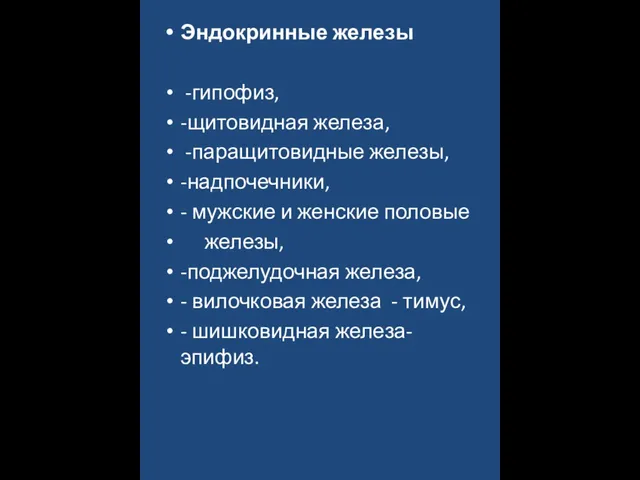 Эндокринные железы -гипофиз, -щитовидная железа, -паращитовидные железы, -надпочечники, - мужские и