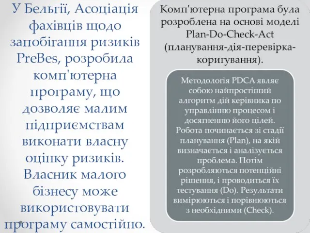 У Бельгії, Асоціація фахівців щодо запобігання ризиків PreBes, розробила комп'ютерна програму,