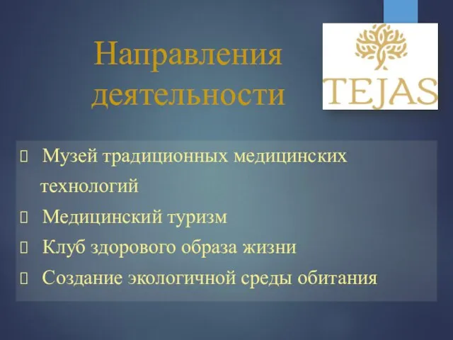 Музей традиционных медицинских технологий Медицинский туризм Клуб здорового образа жизни Создание экологичной среды обитания Направления деятельности