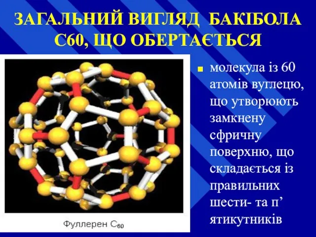 ЗАГАЛЬНИЙ ВИГЛЯД БАКІБОЛА C60, ЩО ОБЕРТАЄТЬСЯ молекула із 60 атомів вуглецю,
