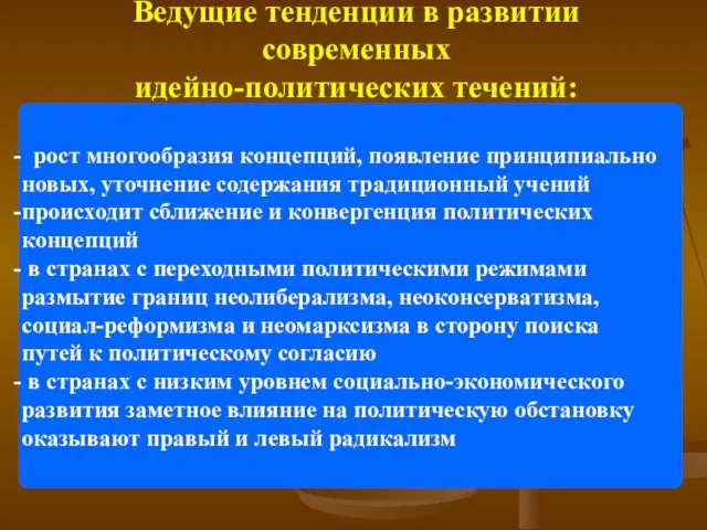 Ведущие тенденции в развитии современных идейно-политических течений: рост многообразия концепций, появление