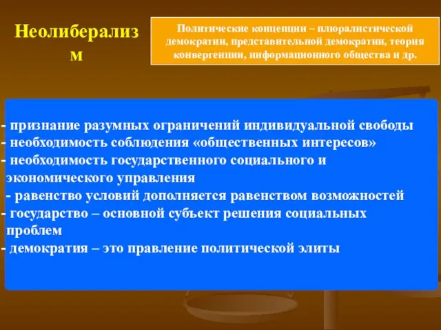 Неолиберализм признание разумных ограничений индивидуальной свободы необходимость соблюдения «общественных интересов» необходимость