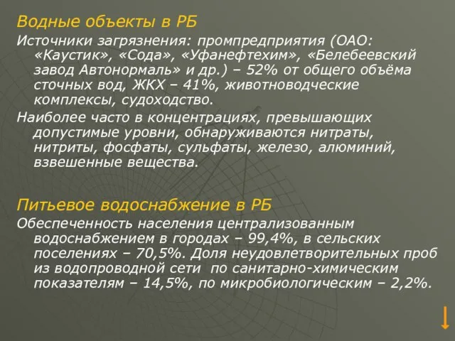 Водные объекты в РБ Источники загрязнения: промпредприятия (ОАО: «Каустик», «Сода», «Уфанефтехим»,