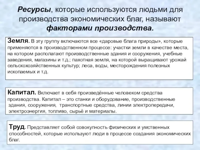 Ресурсы, которые используются людьми для производства экономических благ, называют факторами производства.