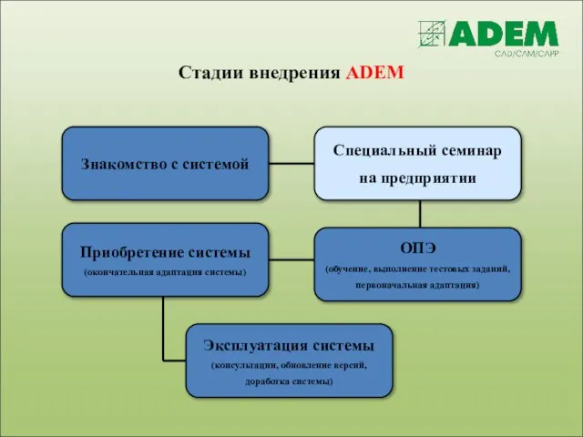 Стадии внедрения ADEM Знакомство с системой Специальный семинар на предприятии ОПЭ