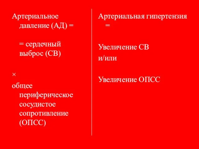 Артериальное давление (АД) = = сердечный выброс (СВ) × общее периферическое