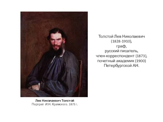 Толстой Лев Николаевич (1828-1910), граф, русский писатель, член-корреспондент (1873), почетный академик