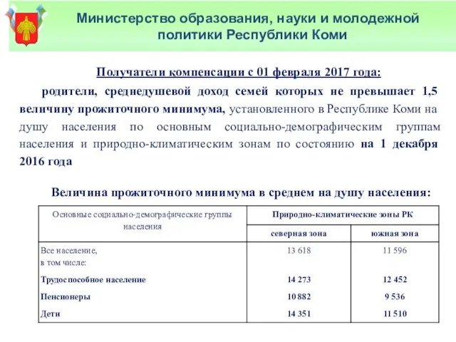 Получатели компенсации с 01 февраля 2017 года: Министерство образования, науки и