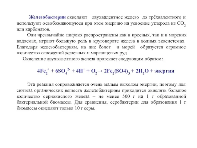 Железобактерии окисляют двухвалентное железо до трёхвалентного и используют освобождающуюся при этом