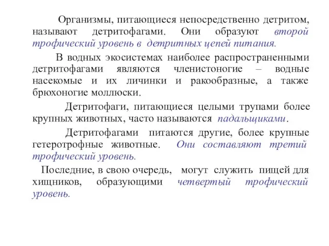 Организмы, питающиеся непосредственно детритом, называют детритофагами. Они образуют второй трофический уровень