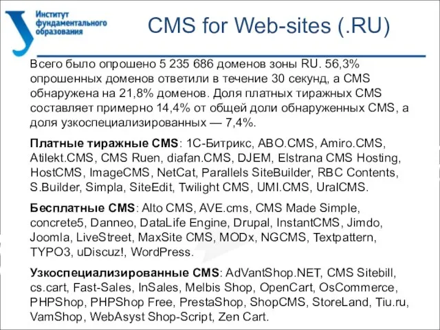 CMS for Web-sites (.RU) Всего было опрошено 5 235 686 доменов