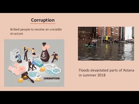 Corruption Bribed people to resolve an unstable structure Floods devastated parts of Astana in summer 2018