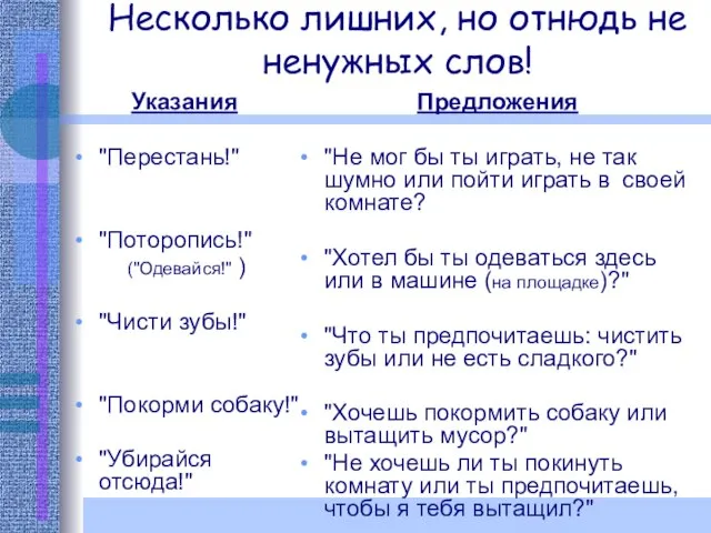 Несколько лишних, но отнюдь не ненужных слов! Указания "Перестань!" "Поторопись!" ("Одевайся!"