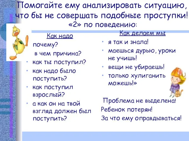 Помогайте ему анализировать ситуацию, что бы не совершать подобные проступки! «2»