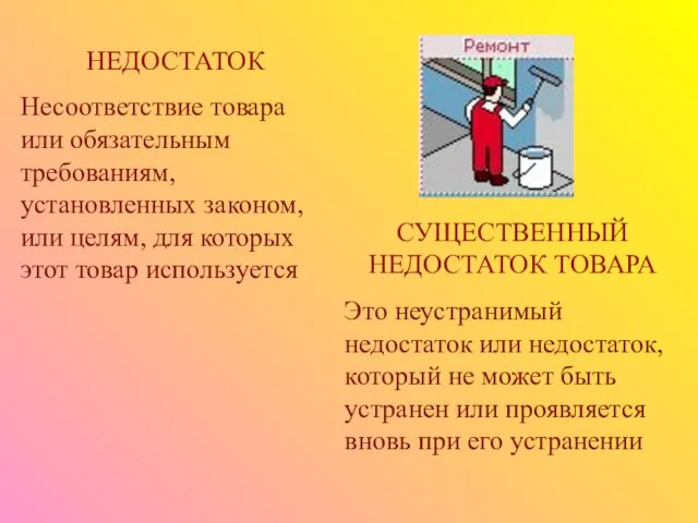 НЕДОСТАТОК Несоответствие товара или обязательным требованиям, установленных законом, или целям, для