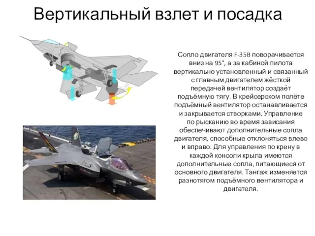 Вертикальный взлет и посадка Сопло двигателя F-35B поворачивается вниз на 95°,