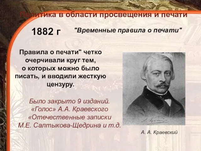 1882 г "Временные правила о печати" Было закрыто 9 изданий. «Голос»