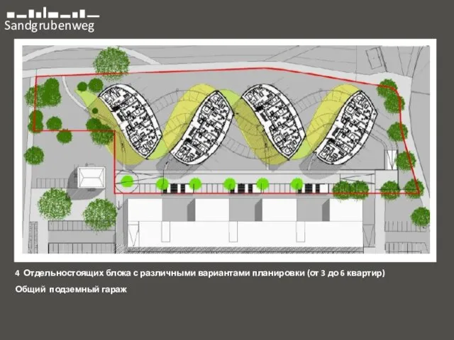 Sandgrubenweg 4 Отдельностоящих блока с различными вариантами планировки (от 3 до 6 квартир) Общий подземный гараж