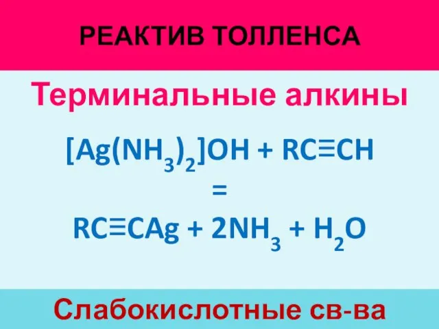 РЕАКТИВ ТОЛЛЕНСА Слабокислотные св-ва алкинов Терминальные алкины [Ag(NH3)2]OH + RC≡CH = RC≡CAg + 2NH3 + H2O