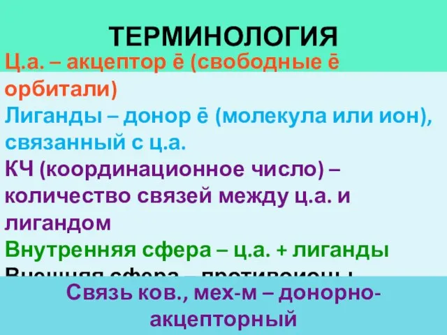 ТЕРМИНОЛОГИЯ Ц.а. – акцептор ē (свободные ē орбитали) Лиганды – донор