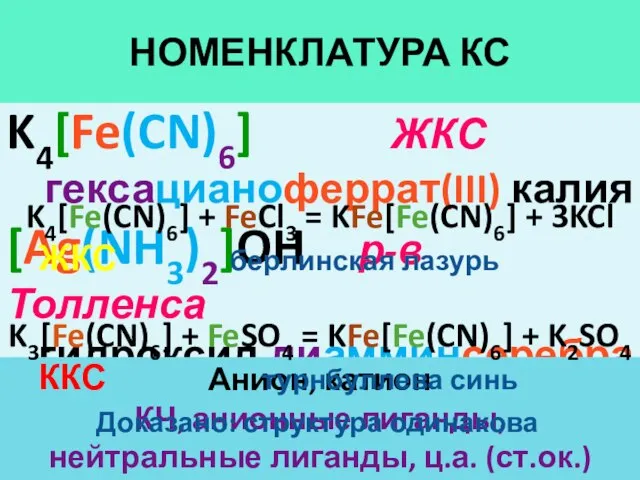 НОМЕНКЛАТУРА КС K4[Fe(CN)6] ЖКС гексацианоферрат(III) калия [Ag(NH3)2]OH р-в Толленса гидроксид диамминсеребра(I)