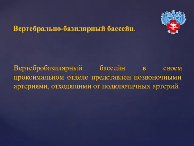 Вертебробазилярный бассейн в своем проксимальном отделе представлен позвоночными артериями, отходящими от подключичных артерий. Вертебрально-базилярный бассейн.