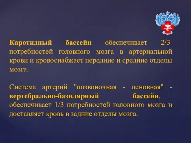 Каротидный бассейн обеспечивает 2/3 потребностей головного мозга в артериальной крови и