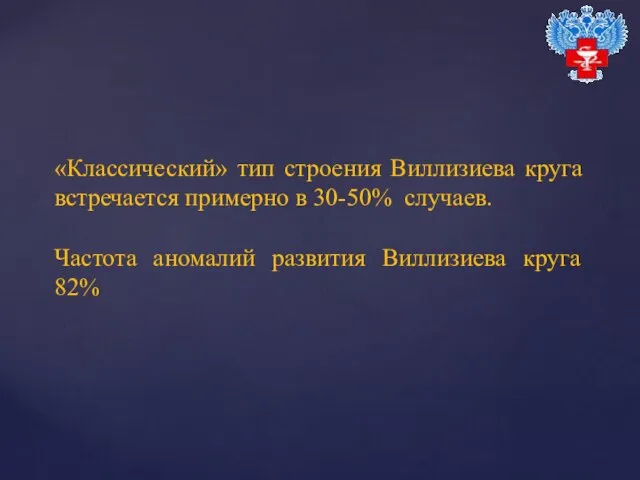 «Классический» тип строения Виллизиева круга встречается примерно в 30-50% случаев. Частота аномалий развития Виллизиева круга 82%