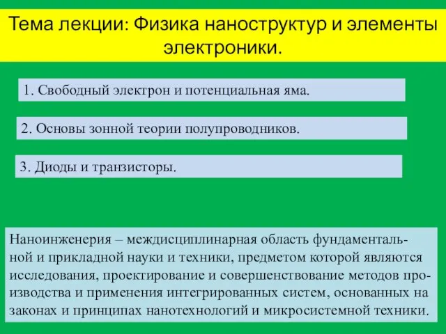 Тема лекции: Физика наноструктур и элементы электроники. 1. Свободный электрон и