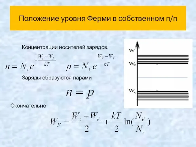 Положение уровня Ферми в собственном п/п Концентрации носителей зарядов. Заряды образуются парами Окончательно