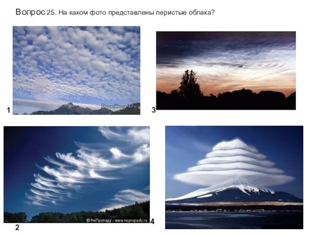 Вопрос 25. На каком фото представлены перистые облака? 1 4 2 3